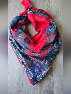 Vintage Paisley Scarf Red Blue Large Square Wrap Boho Festival 46”